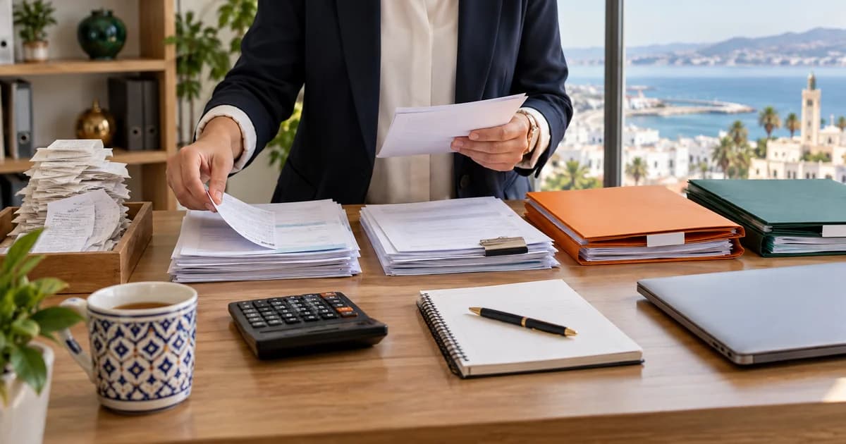 Professionnelle classant des factures et des dossiers comptables sur un bureau à Tanger